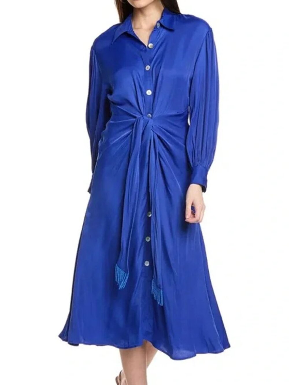 NEW FARM Rio Royal Blue Button-Front Tie-Waist Long Sleeve Dress S